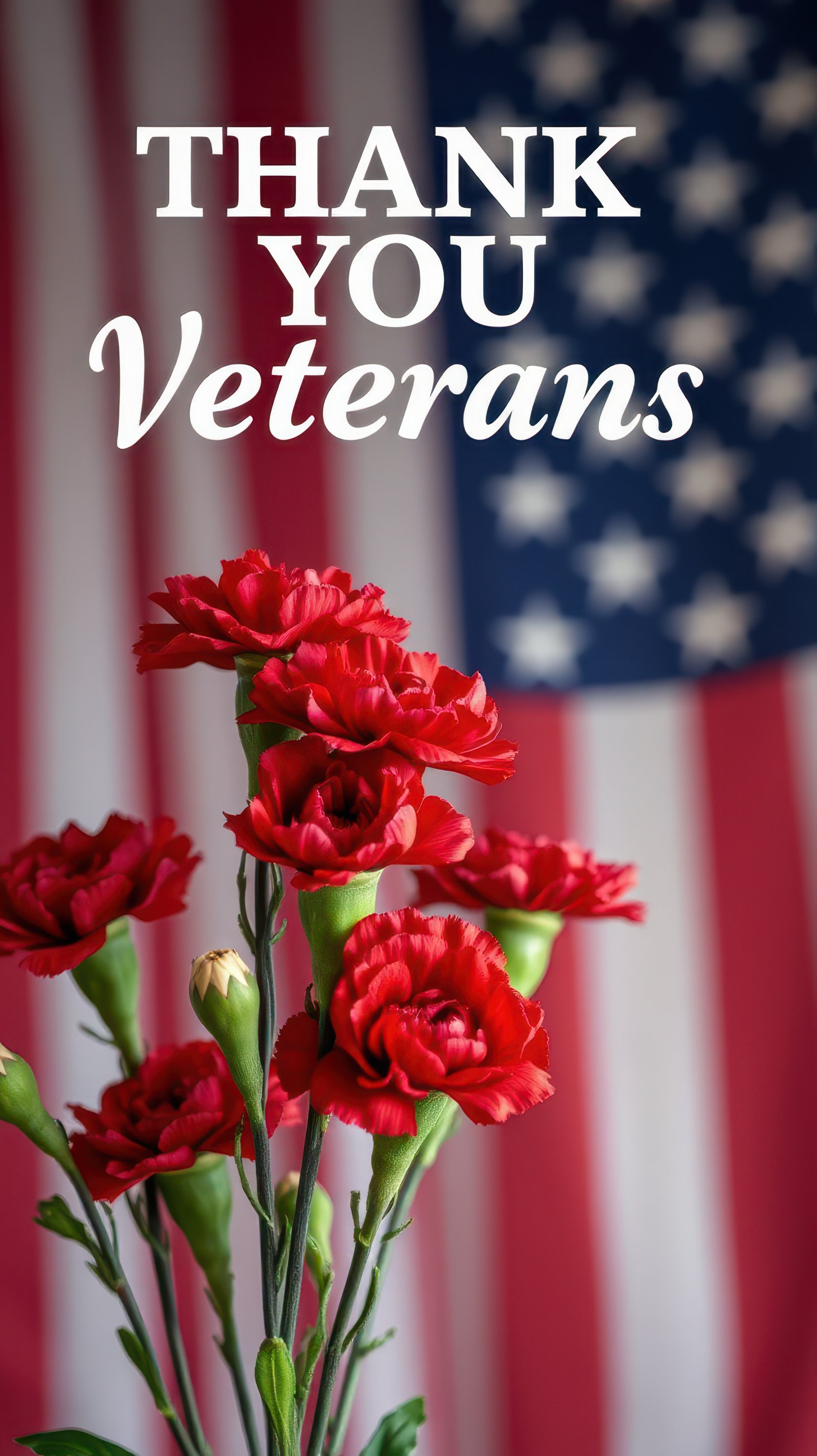 Red carnations and heartfelt gratitude for veterans against a backdrop of the American flag